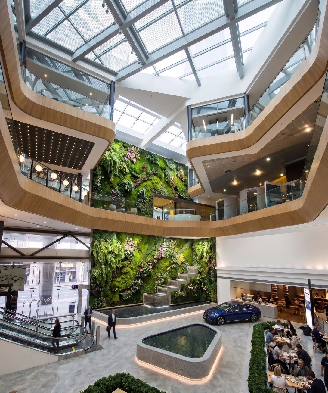 Composite balustrade panels around an office atrium stairwell